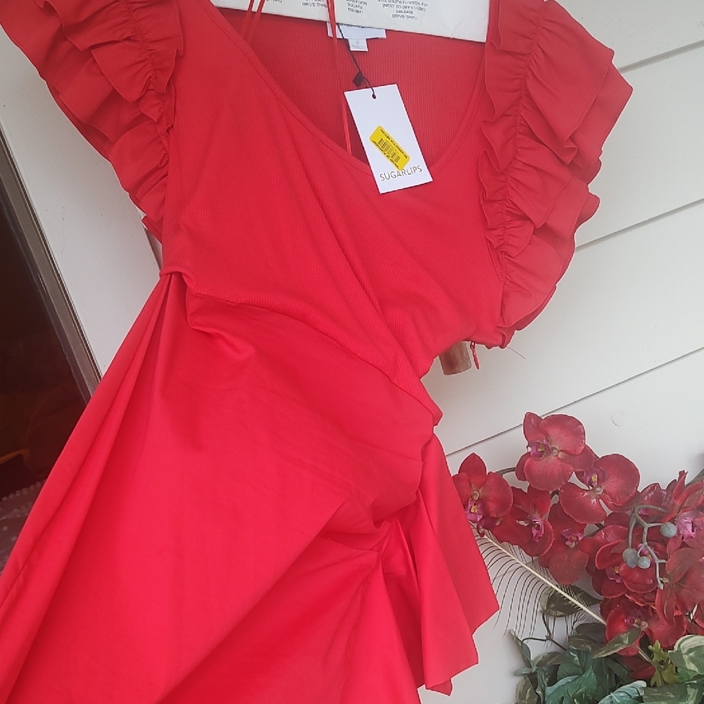NWT Sugarlips Red Ruffle Sleeve Dress M - Picture 3 of 5